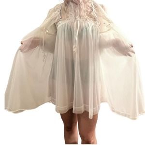 1960’s Mod Sheer White Peignoir Set Robe & Chemise, Small, Vintage Mid Century